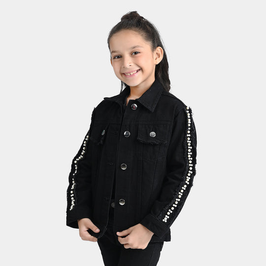 Girls Denim rigid Woven Jacket Pearl Tape-BLACK