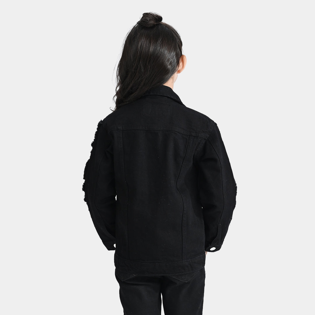 Girls Denim rigid Woven Jacket Pearl Tape-BLACK