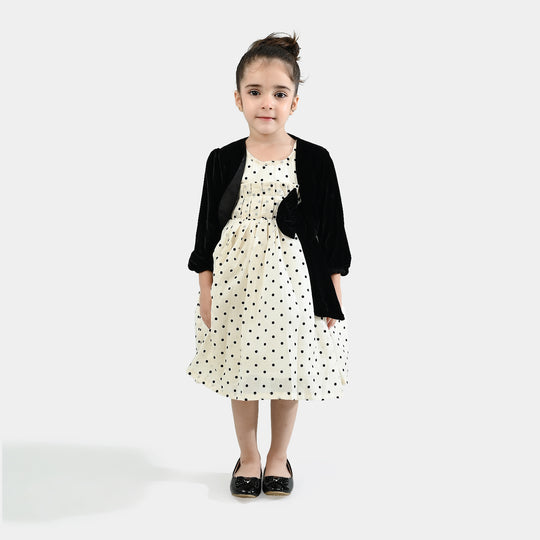 Girls Net Fancy Frock-Polka Dot-OFF-White
