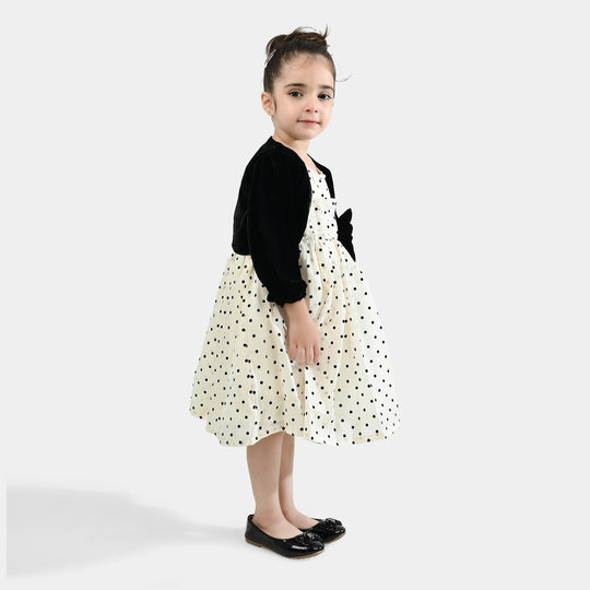 Girls Net Fancy Frock-Polka Dot-OFF-White