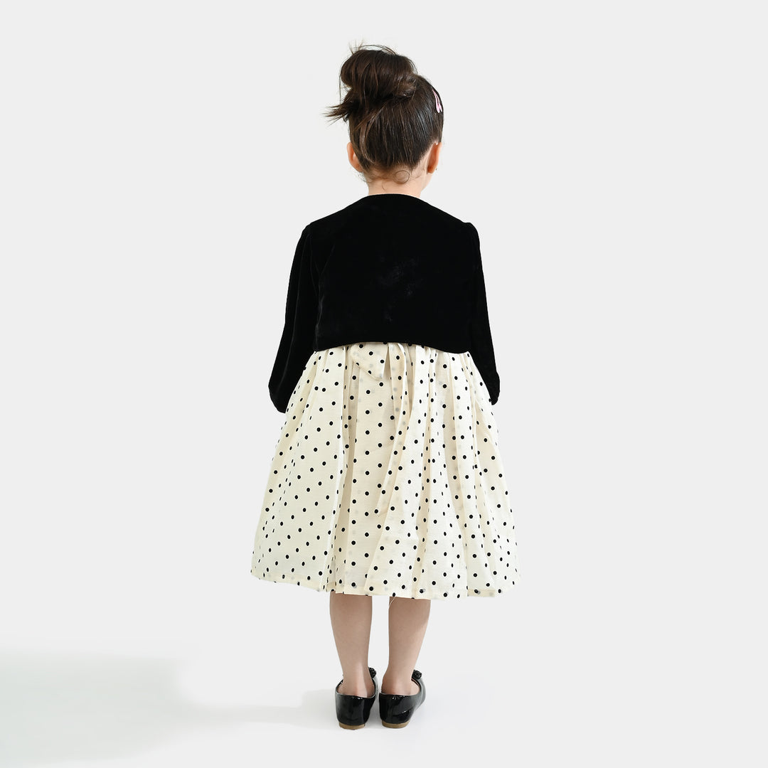 Girls Net Fancy Frock-Polka Dot-OFF-White