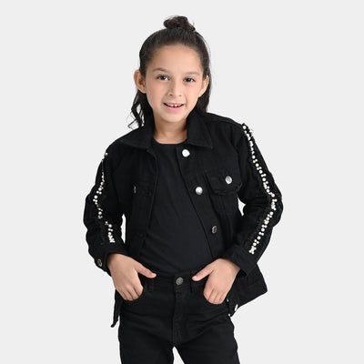 Girls Denim rigid Woven Jacket Pearl Tape-BLACK