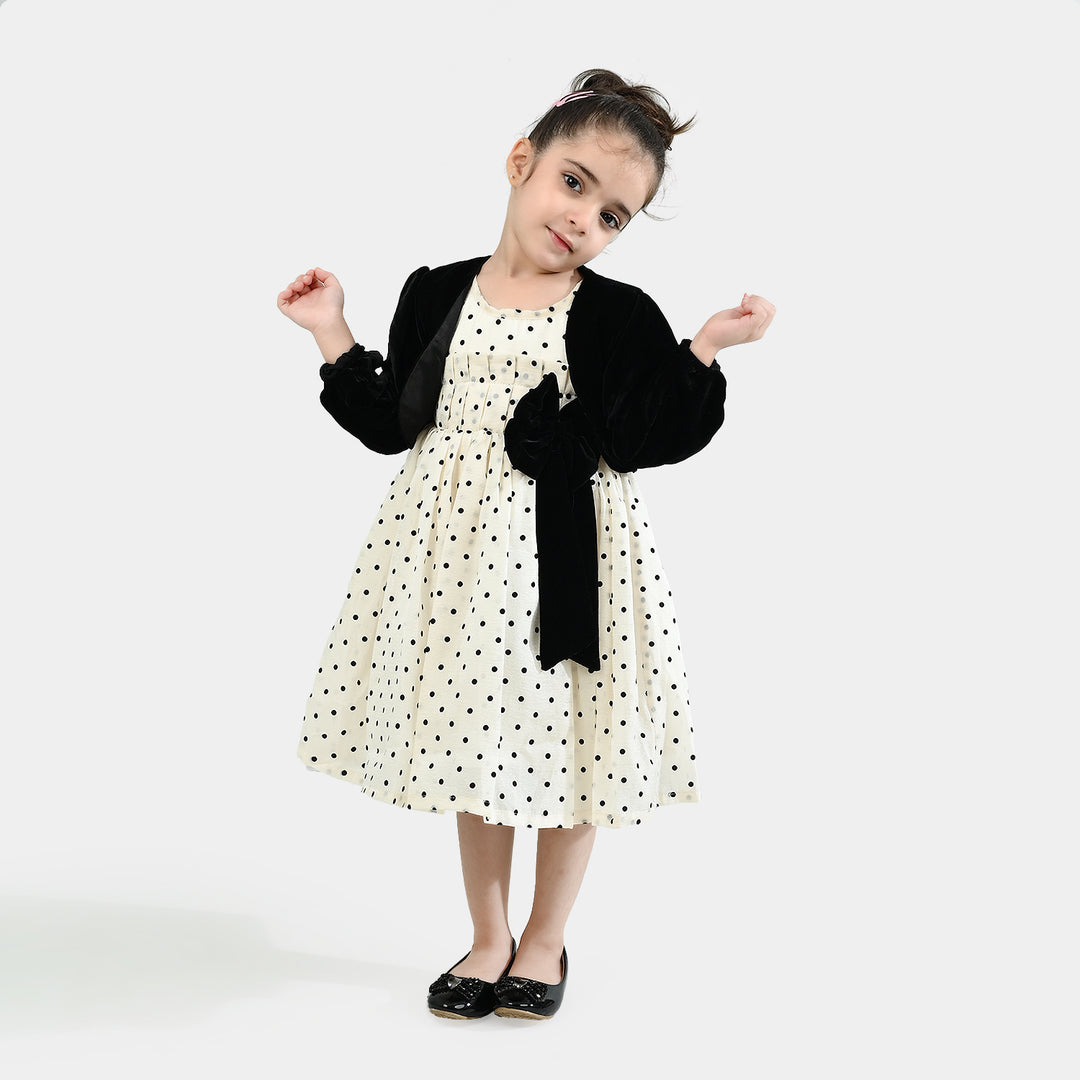 Girls Net Fancy Frock-Polka Dot-OFF-White