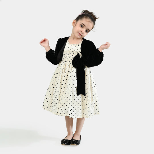 Girls Net Fancy Frock-Polka Dot-OFF-White