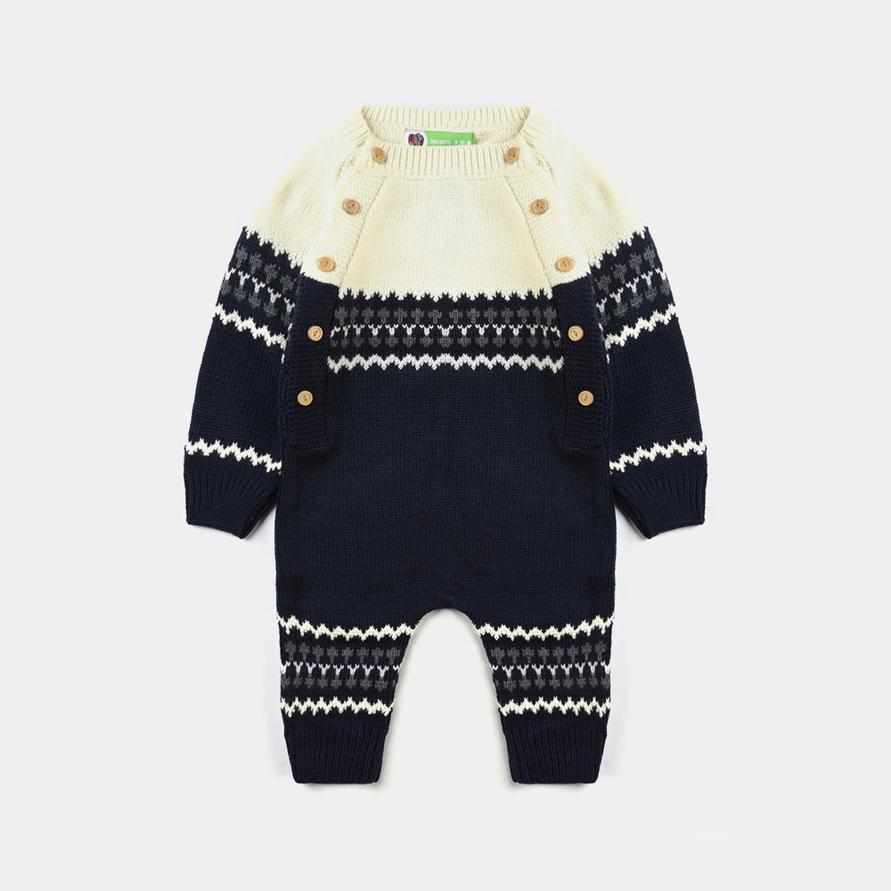 Infant Boys Sweater Knit Romper W/Cap Amulet-Navy-Off White