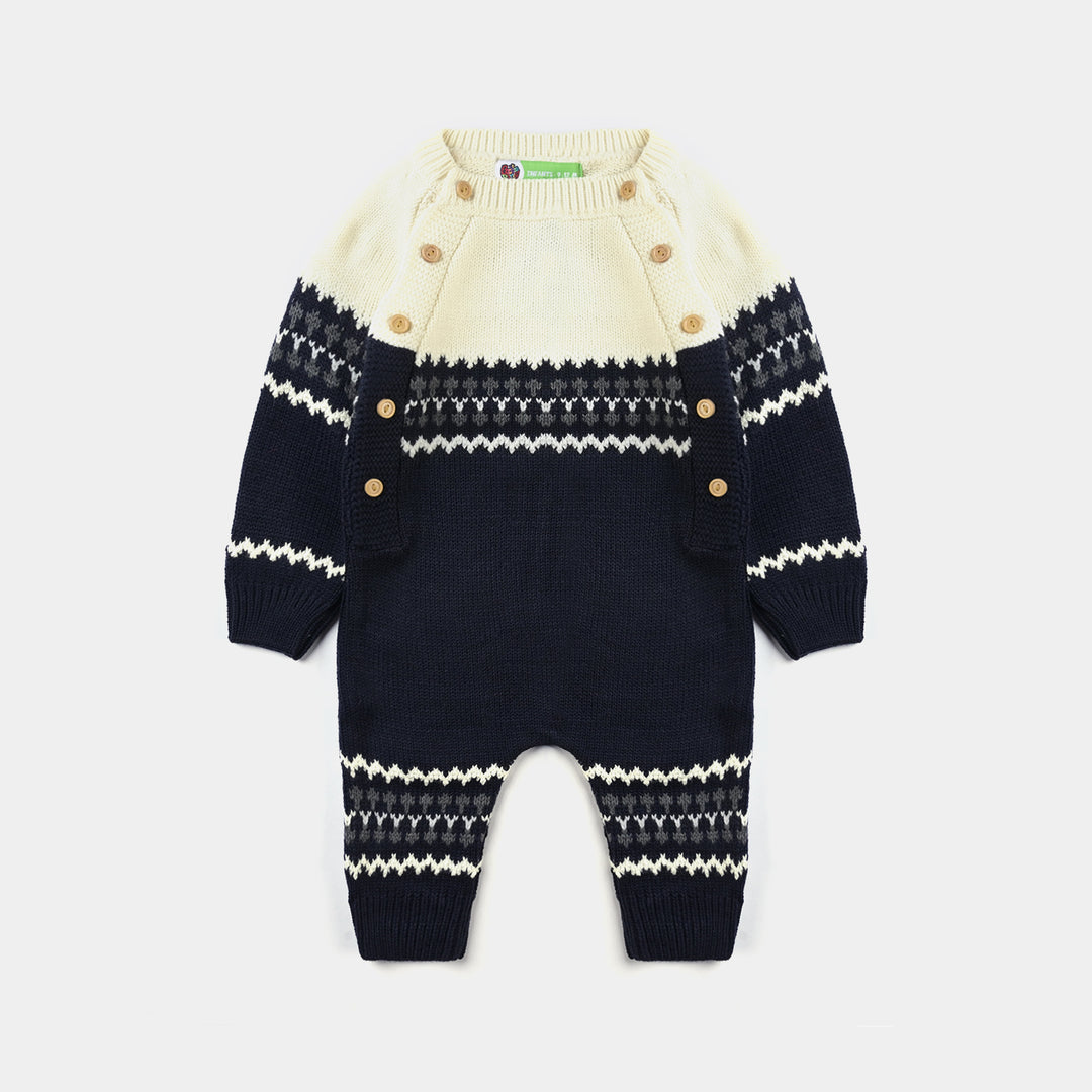 Infant Boys Sweater Knit Romper W/Cap Amulet-Navy-Off White