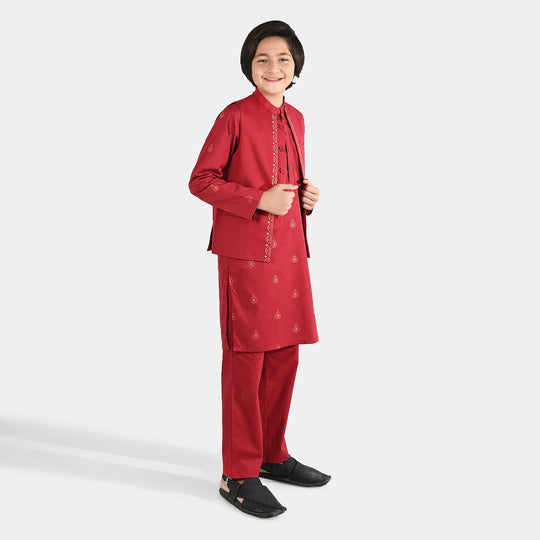 Boys Cotton Poplin Printed 3-Piece Suit (Rung Saz) - Red