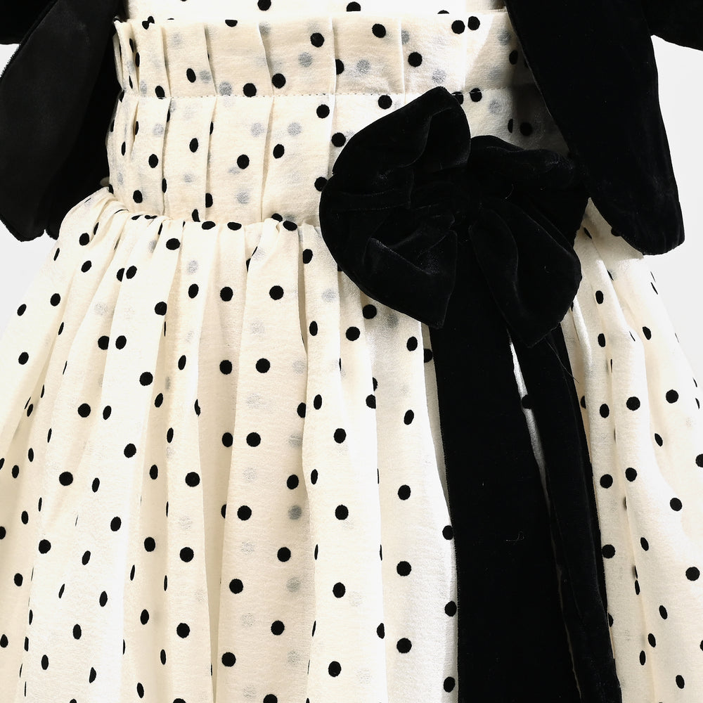 Girls Net Fancy Frock-Polka Dot-OFF-White