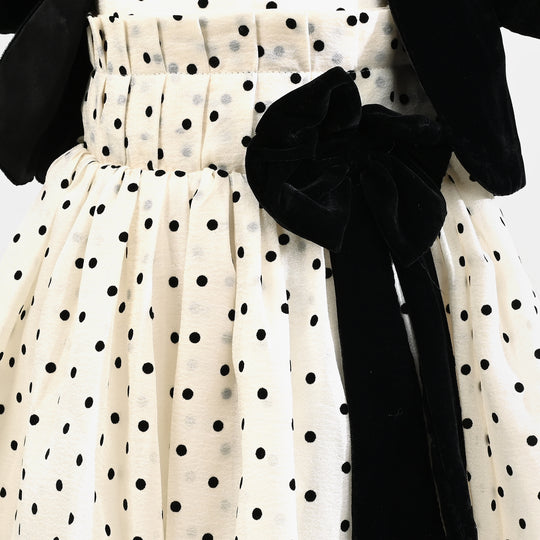 Girls Net Fancy Frock-Polka Dot-OFF-White