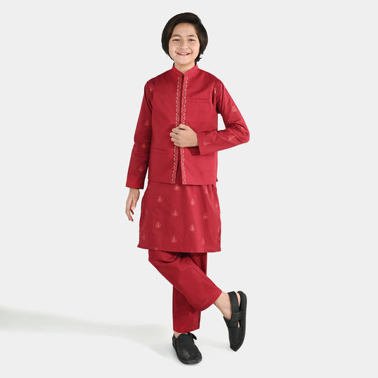 Boys Cotton Poplin Printed 3-Piece Suit (Rung Saz) - Red