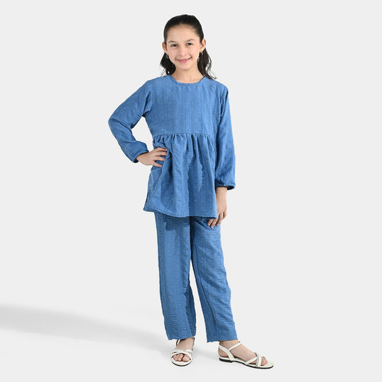 Girls Poly Lawn Co-Ord Set (Stars) - Blue