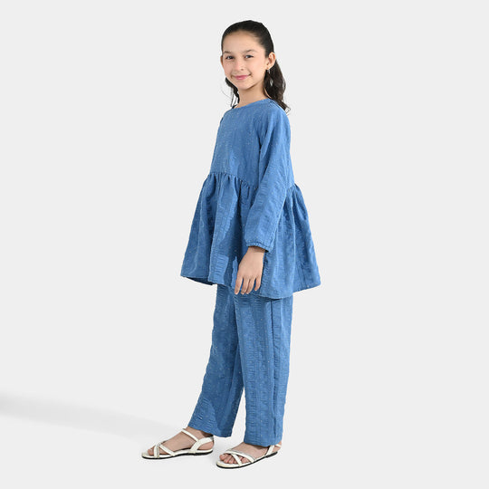Girls Poly Lawn Co-Ord Set (Stars) - Blue