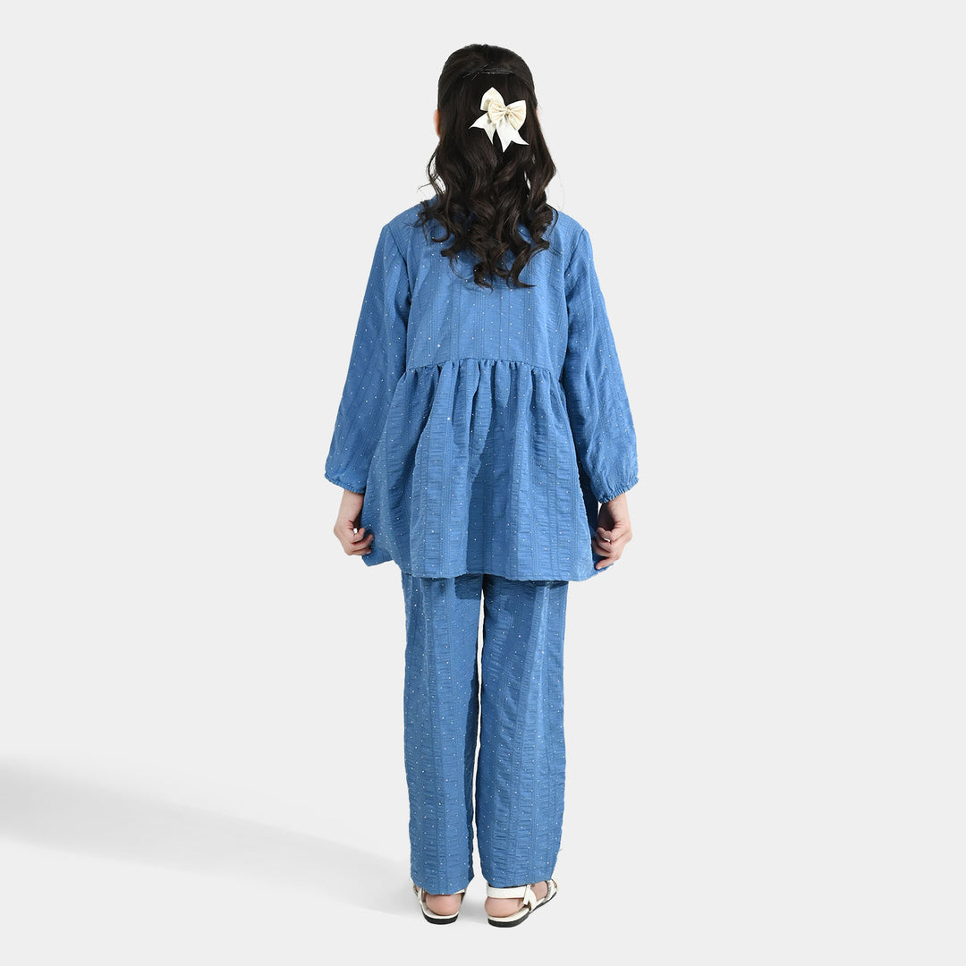 Girls Poly Lawn Co-Ord Set (Stars) - Blue