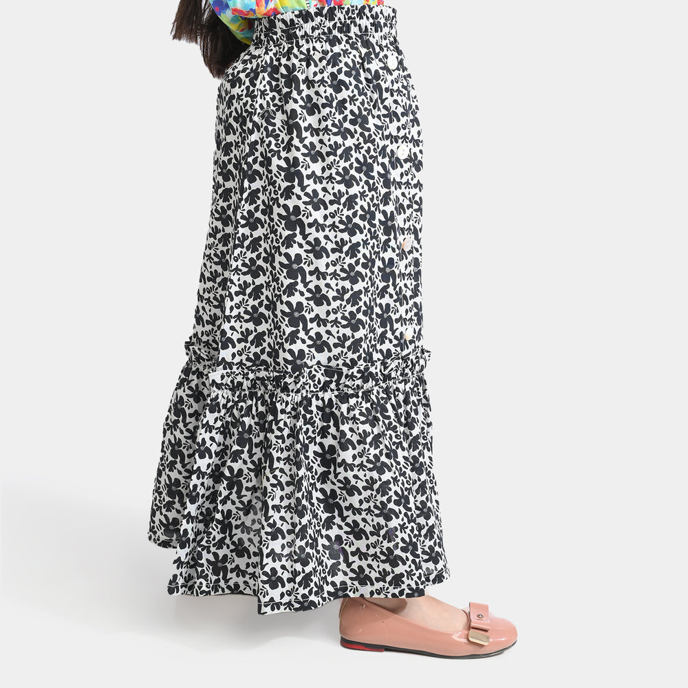 Girls Cotton Poplin Long Skirt Black & White Flower-BLACK