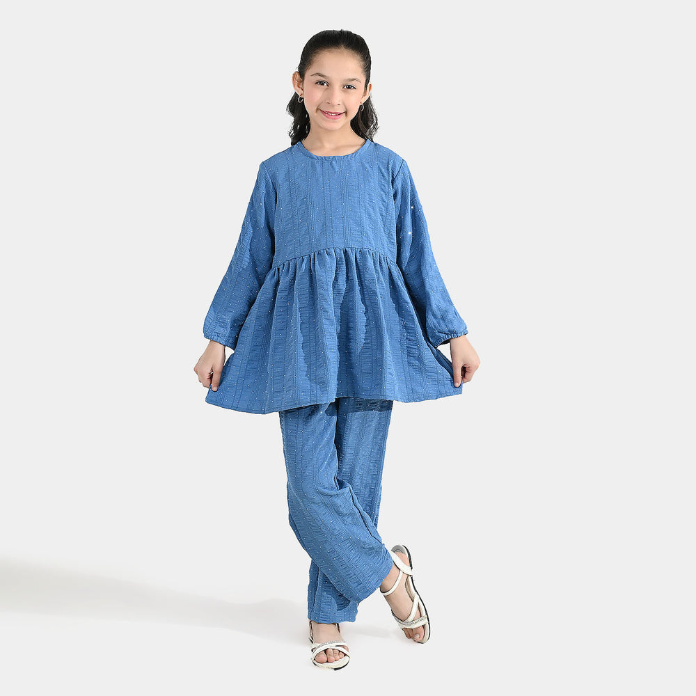 Girls Poly Lawn Co-Ord Set (Stars) - Blue