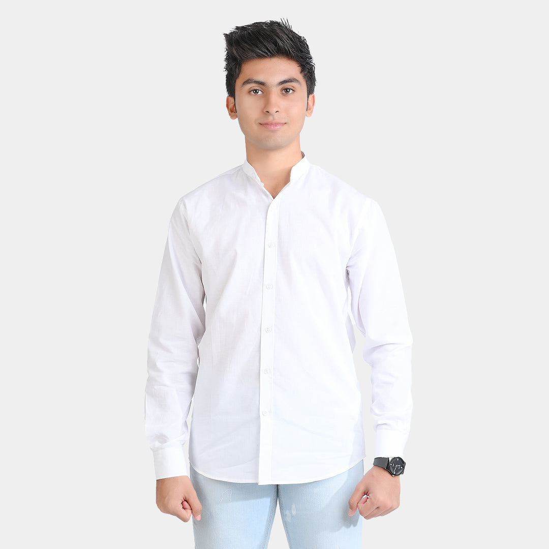 Teens Boys Cotton Band Collar Shirt-White