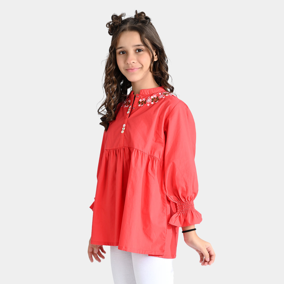 Girls Cotton Poplin Emb Top Poppy-Red