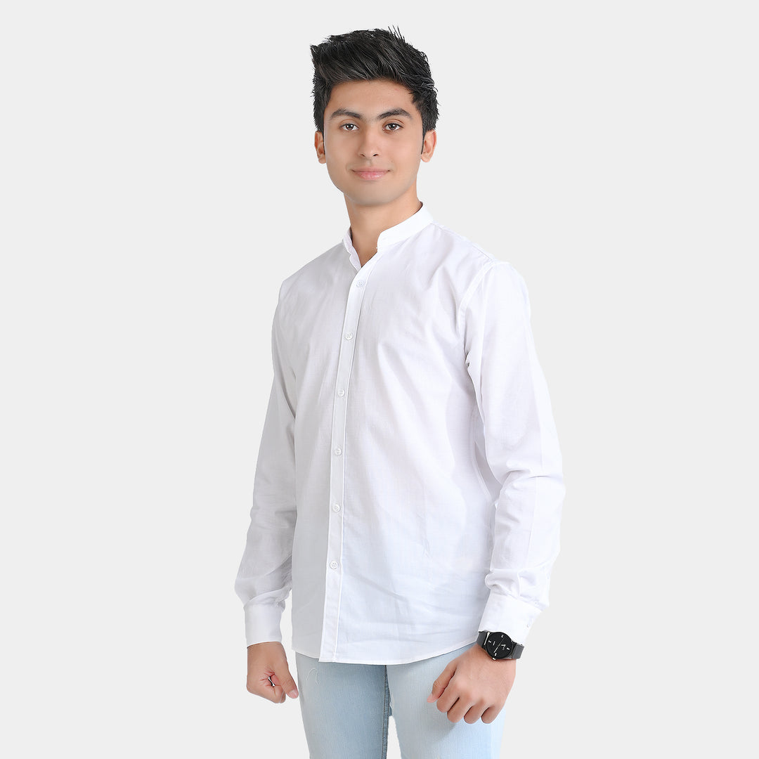 Teens Boys Cotton Band Collar Shirt-White