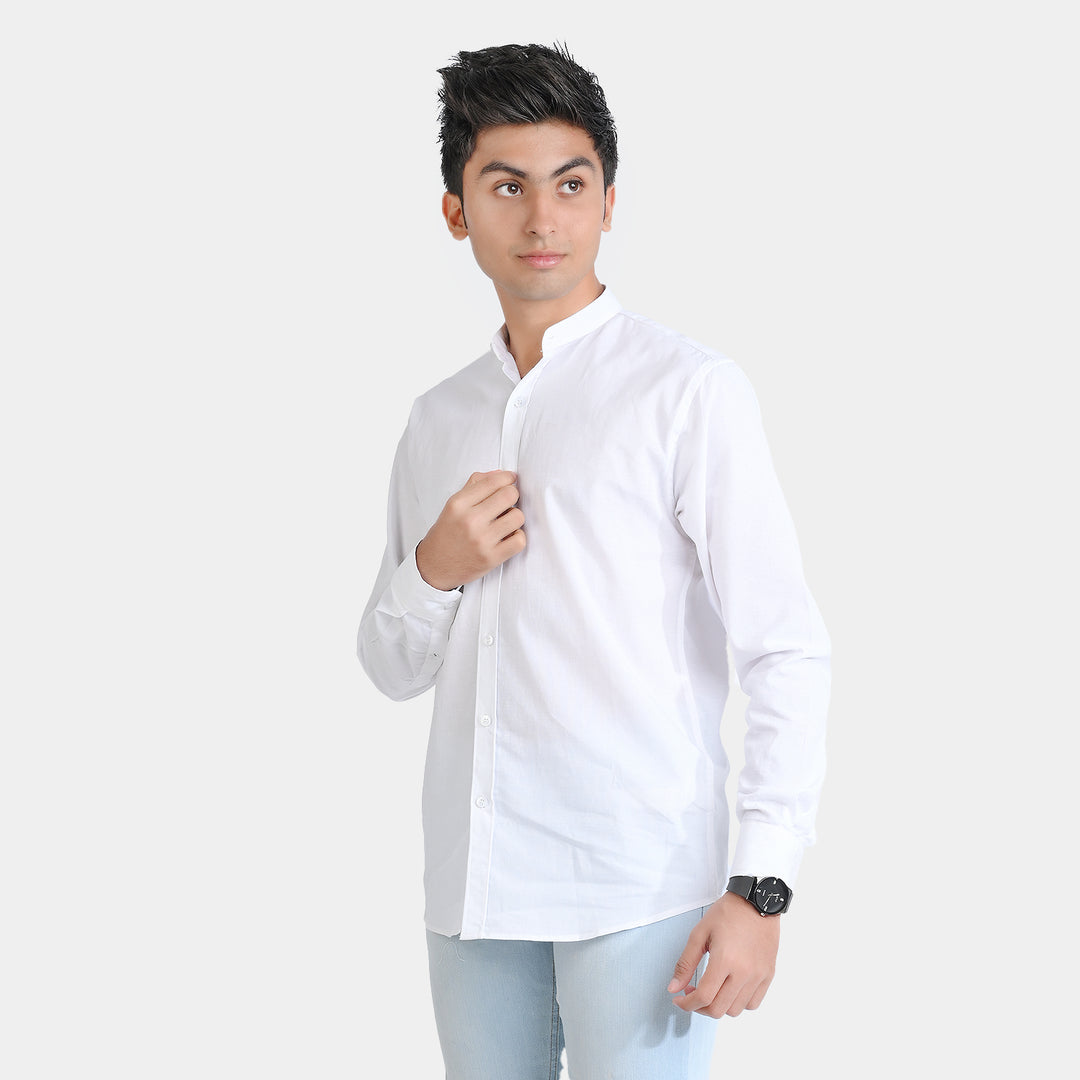 Teens Boys Cotton Band Collar Shirt-White