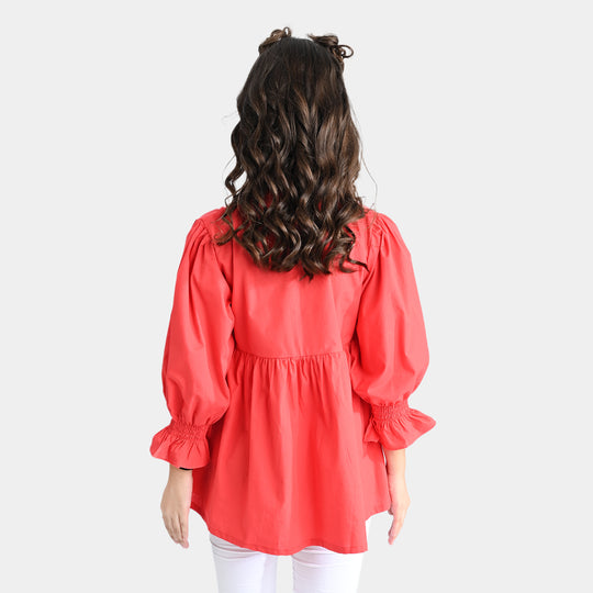 Girls Cotton Poplin Emb Top Poppy-Red