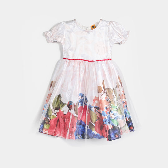 Girls Poly Satin Fancy Frock Blooming-Multi
