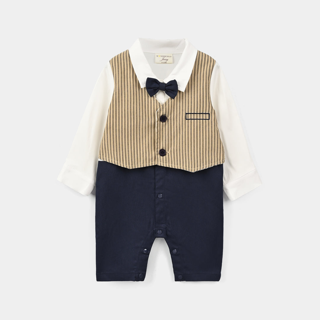 Infant Boys Cotton Interlock Woven Romper 320 - 023- Navy.White
