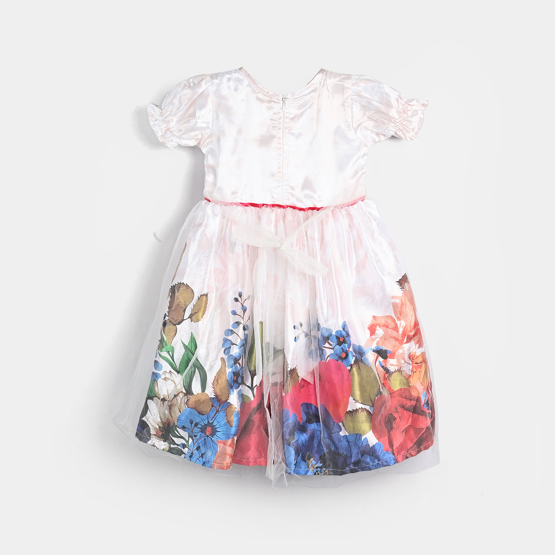 Girls Poly Satin Fancy Frock Blooming-Multi