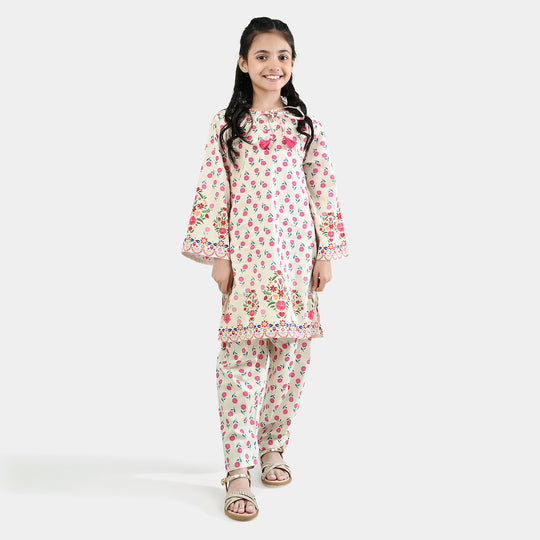 Girls Cotton Poplin Printed 2 Pcs - Off White