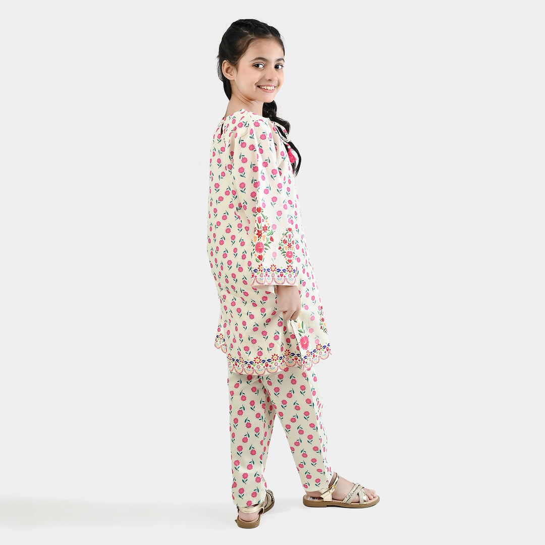 Girls Cotton Poplin Printed 2 Pcs - Off White