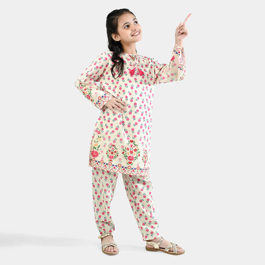 Girls Cotton Poplin Printed 2 Pcs - Off White