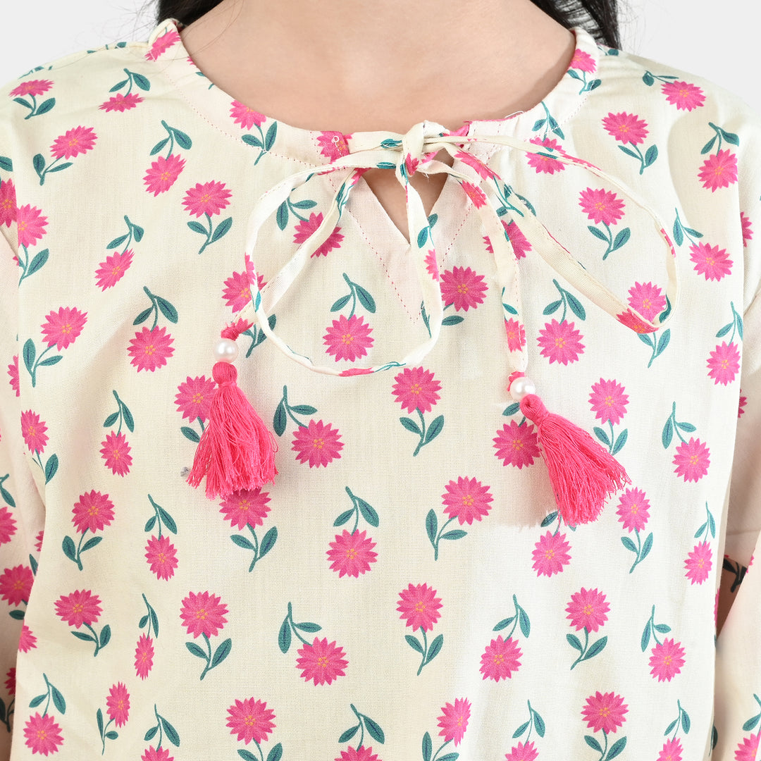 Girls Cotton Poplin Printed 2 Pcs - Off White