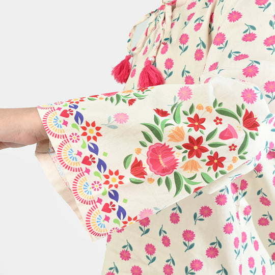 Girls Cotton Poplin Printed 2 Pcs - Off White