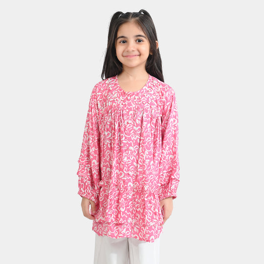 Girls Cotton Viscose Casual Top Pink Gathers-Multi