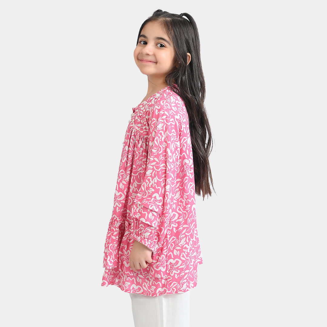 Girls Cotton Viscose Casual Top Pink Gathers-Multi