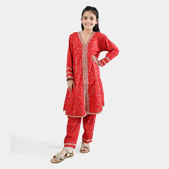 Girls Jacquard Embroidered 2Pcs - Red