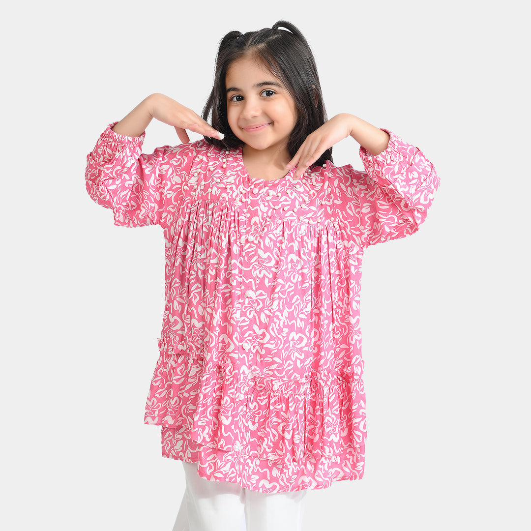 Girls Cotton Viscose Casual Top Pink Gathers-Multi