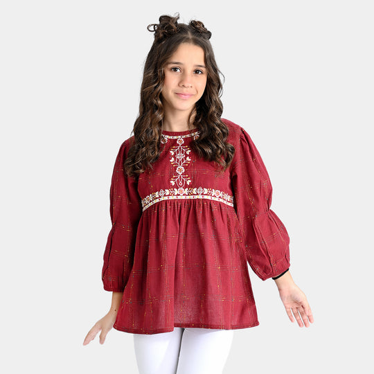 Girls Poly Cotton Emb Top Floral Neck-MAROON