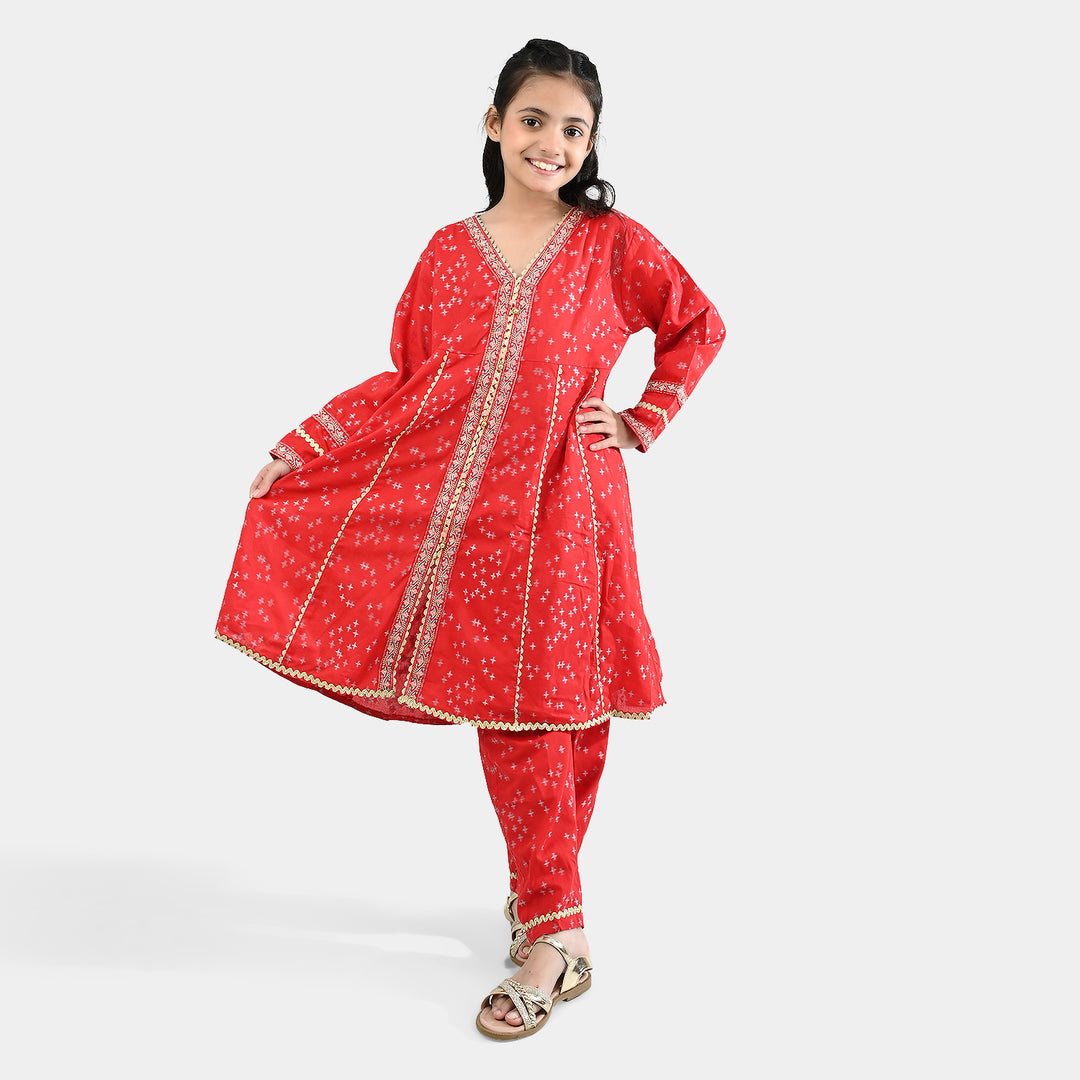 Girls Jacquard Embroidered 2Pcs - Red