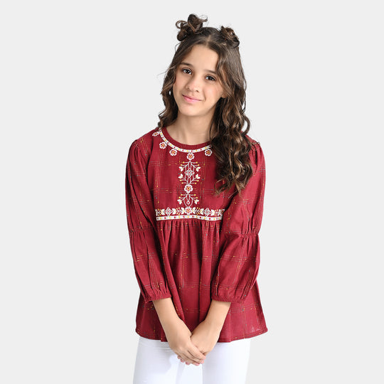 Girls Poly Cotton Emb Top Floral Neck-MAROON