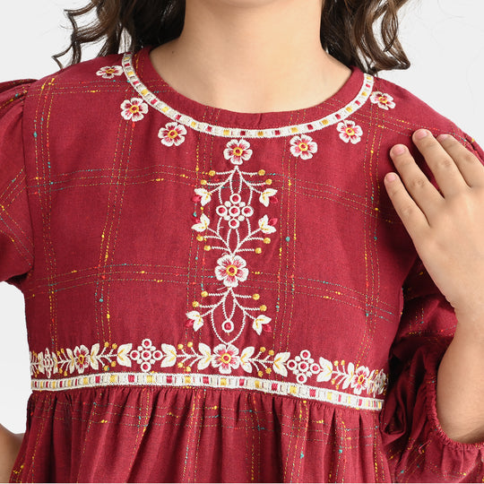 Girls Poly Cotton Emb Top Floral Neck-MAROON