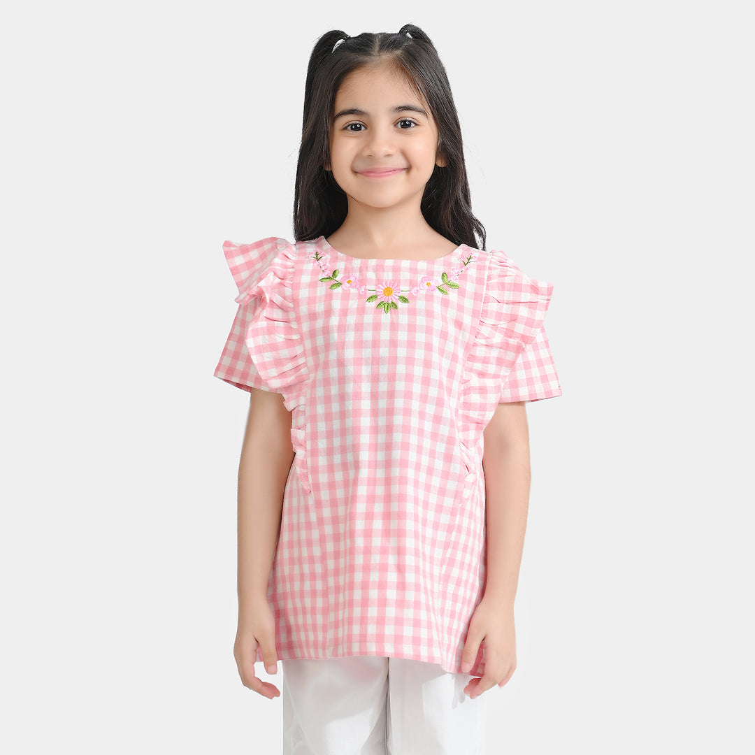 Girls Cotton Emb Top Pink Check