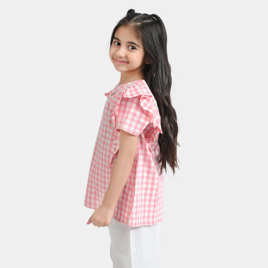 Girls Cotton Emb Top Pink Check