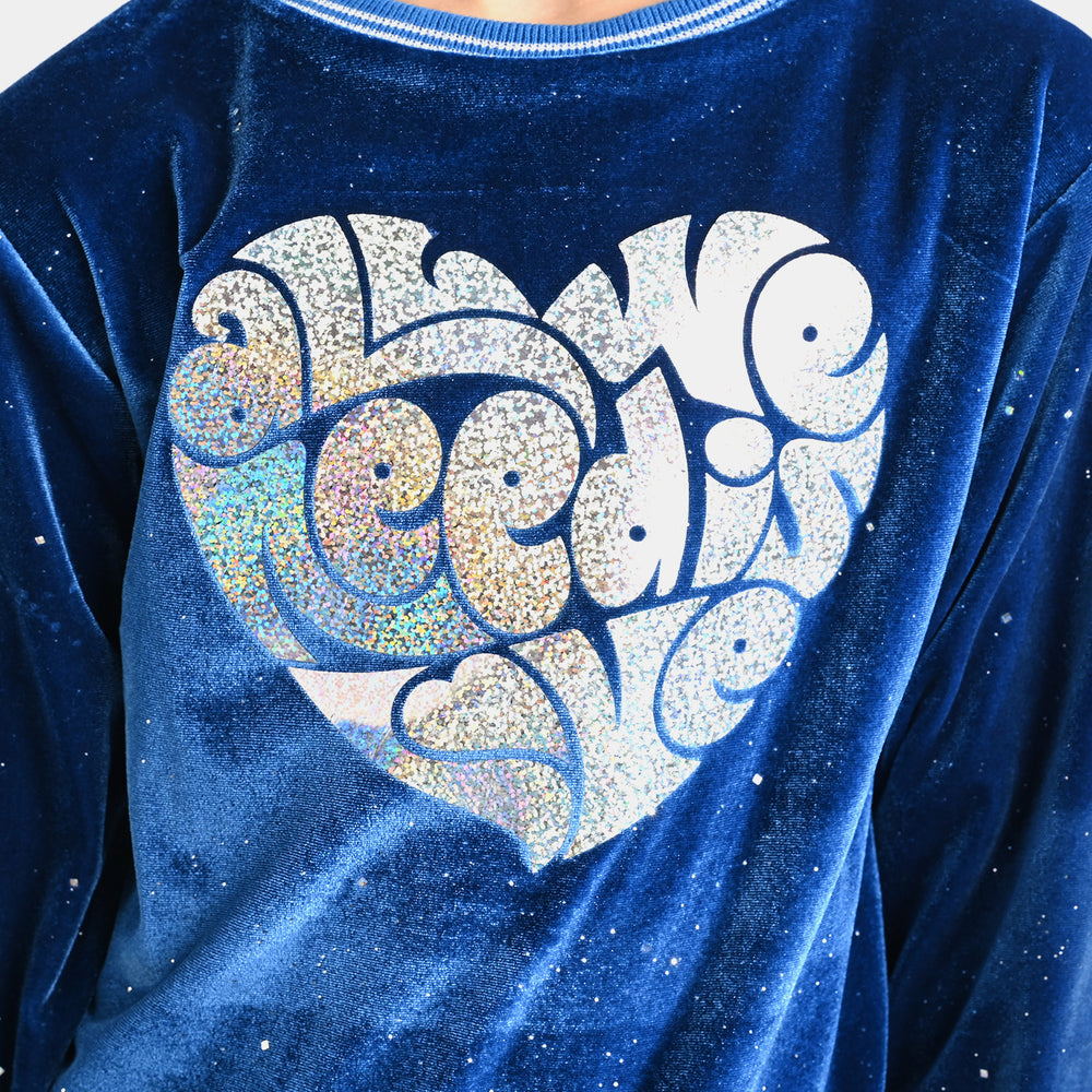 Girls Velvet Sweatshirt We Need Is Love-Blue