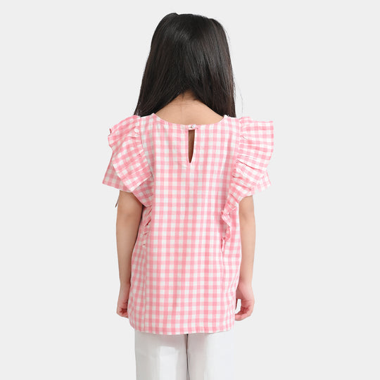 Girls Cotton Emb Top Pink Check