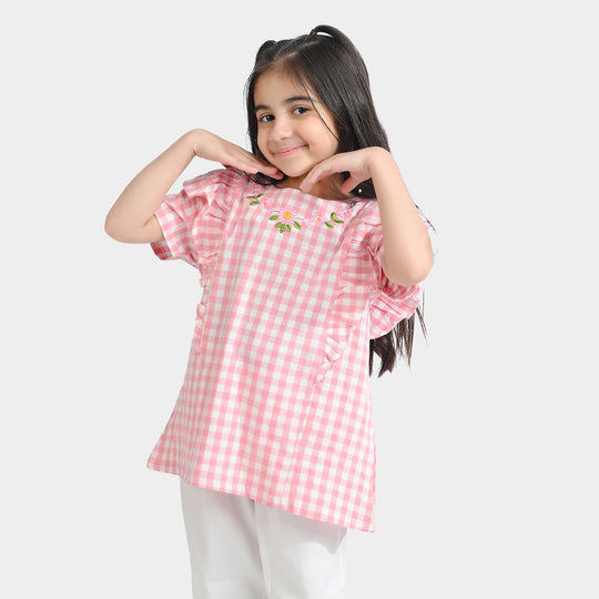 Girls Cotton Emb Top Pink Check