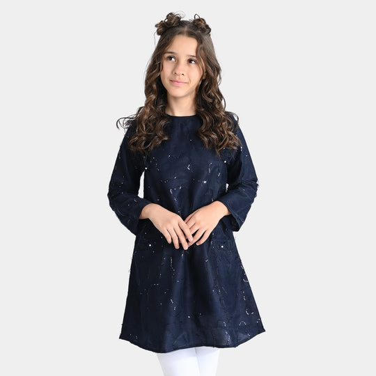 Girls Poly Net Dress Bow Pearls-Navy Blue