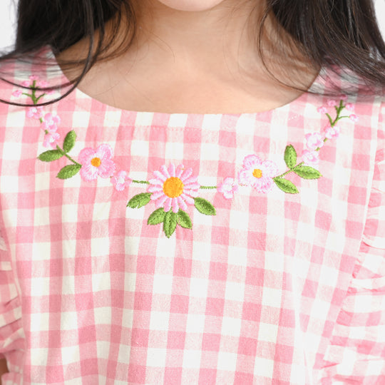 Girls Cotton Emb Top Pink Check