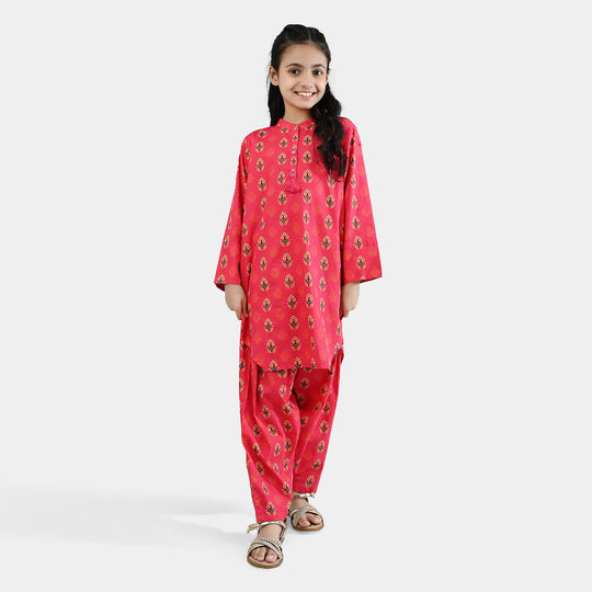 Girls Cotton Poplin Printed 2 Pcs - Red