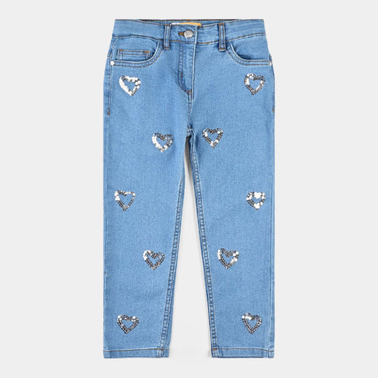 Girls Denim Pant Sequins Hearts- Mid Blue