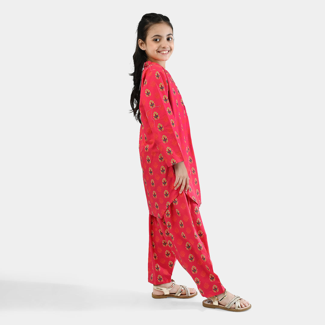 Girls Cotton Poplin Printed 2 Pcs - Red